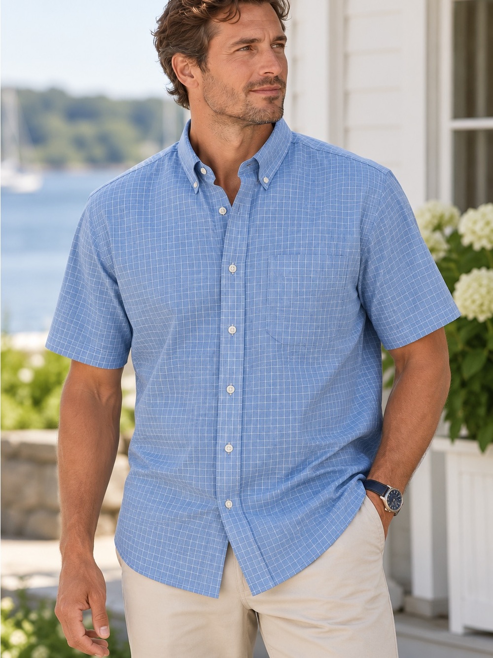 L.L.Bean Blue Windowpane Check Button-Down Shirt – XL | 100% Cotton